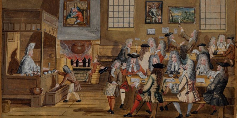 Gouache painting of the interior of a London coffeehouse: men in wigs seated at long communal tables reading and talking, a boy serving coffee, and a woman at the bar.