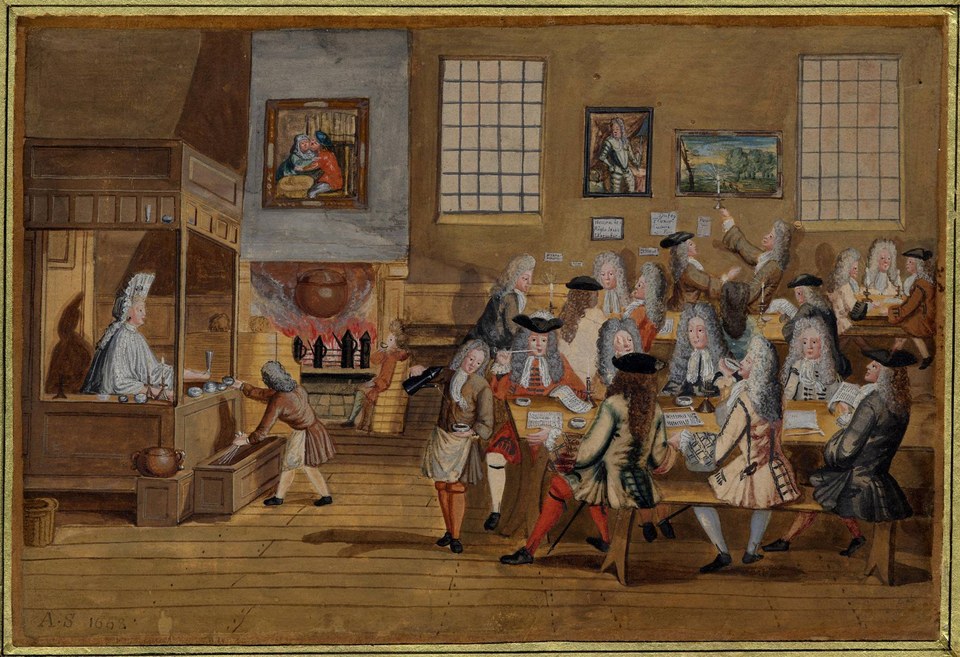 Gouache painting of the interior of a London coffeehouse: men in wigs seated at long communal tables reading and talking, a boy serving coffee, and a woman at the bar.