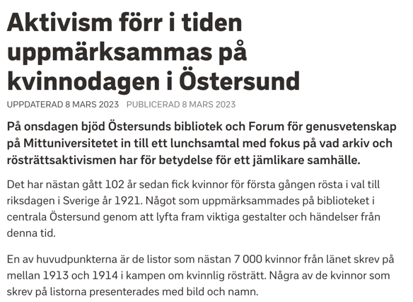 Swedish Television coverage of the suffrage petition data